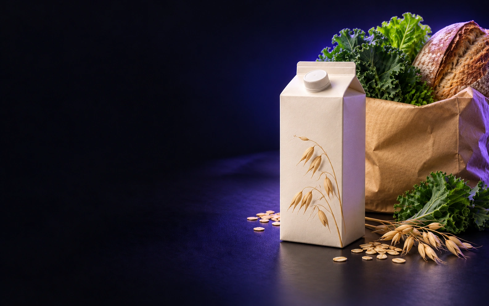 An oat milk carton beside a paper grocery bag with kale and bread on a dark studio surface.
