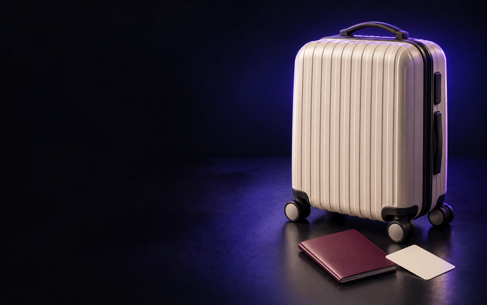 A cream carry-on suitcase beside a passport and a hotel key card on a dark studio surface.